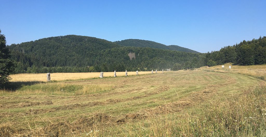 Matić poljana and it's row of standing stones, a memorial to 26 partisans.