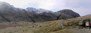 The north western slopes of Great End and the Scafell Pike Ridge from Sty Head.