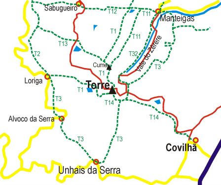 Overview of routes to Torre.. Overview of routes to Torre.