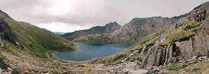 Looking down upon the Miner's Track as is follows the shore of Glaslyn